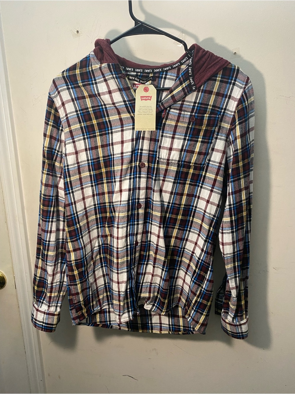 Levi's Burgundy, Blue, Yellow Plaid Hooded Shirt Jacket